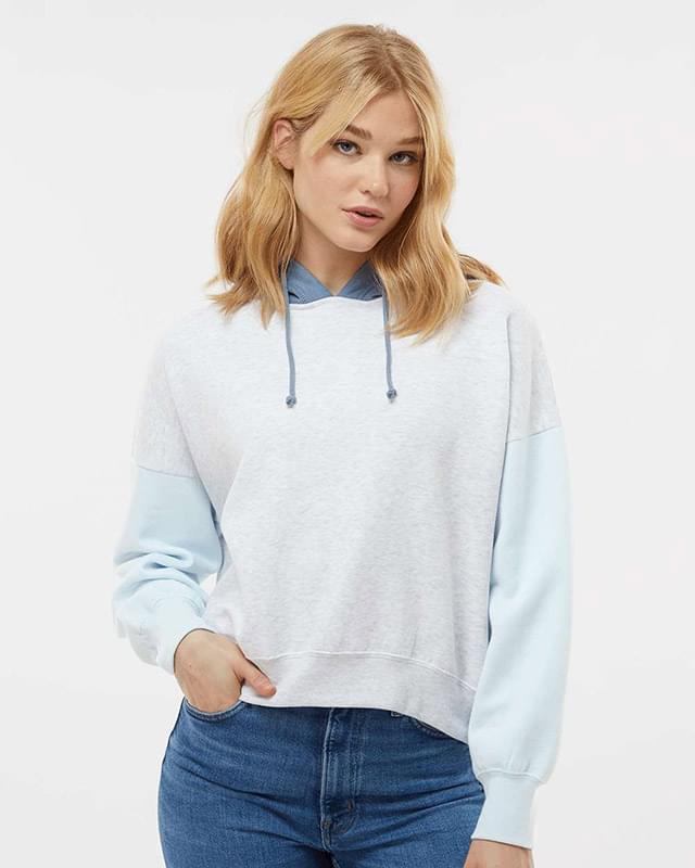 Women's Sueded Fleece Colorblocked Crop Hooded Sweatshirt