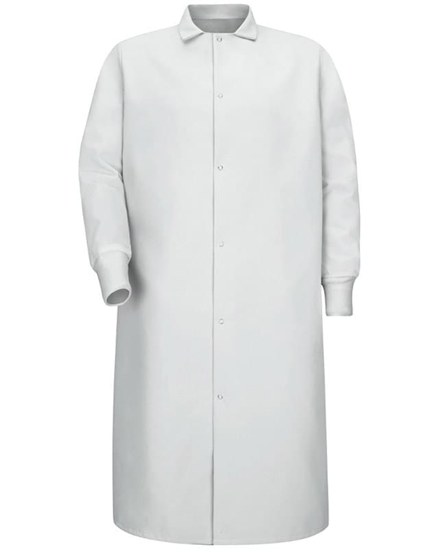 Gripper-Front Pocketless Butcher Coat With Knit Cuffs